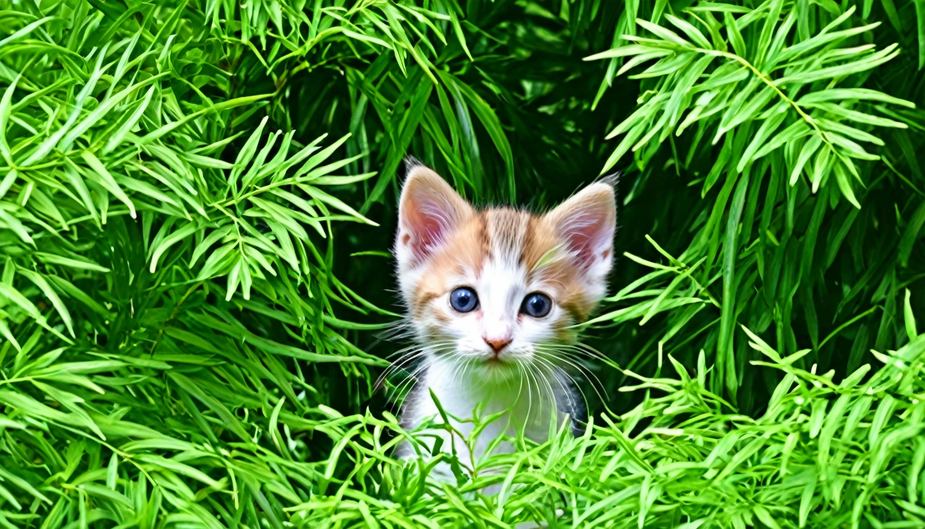Skinny kitten peeking out from the bushes。The hair is unkempt、There's a hint of anxiety in his eyes。