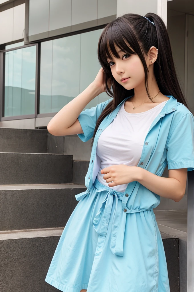 top-quality, masutepiece, High Definition, 16k image, Smartphone shooting、voyeurism、Beautiful junior high school student、wearing oversized shirt:1:1、 look from above、(Hidden Face), Straight face、Muchimuchi、thick legs、thick thight、Slender big, Plump arms、(breasts pocket)、(Rocket Tits), Constricted waist, Looking away, Boobs that are about to overflow, Confined space,Schools、 (thick legs)