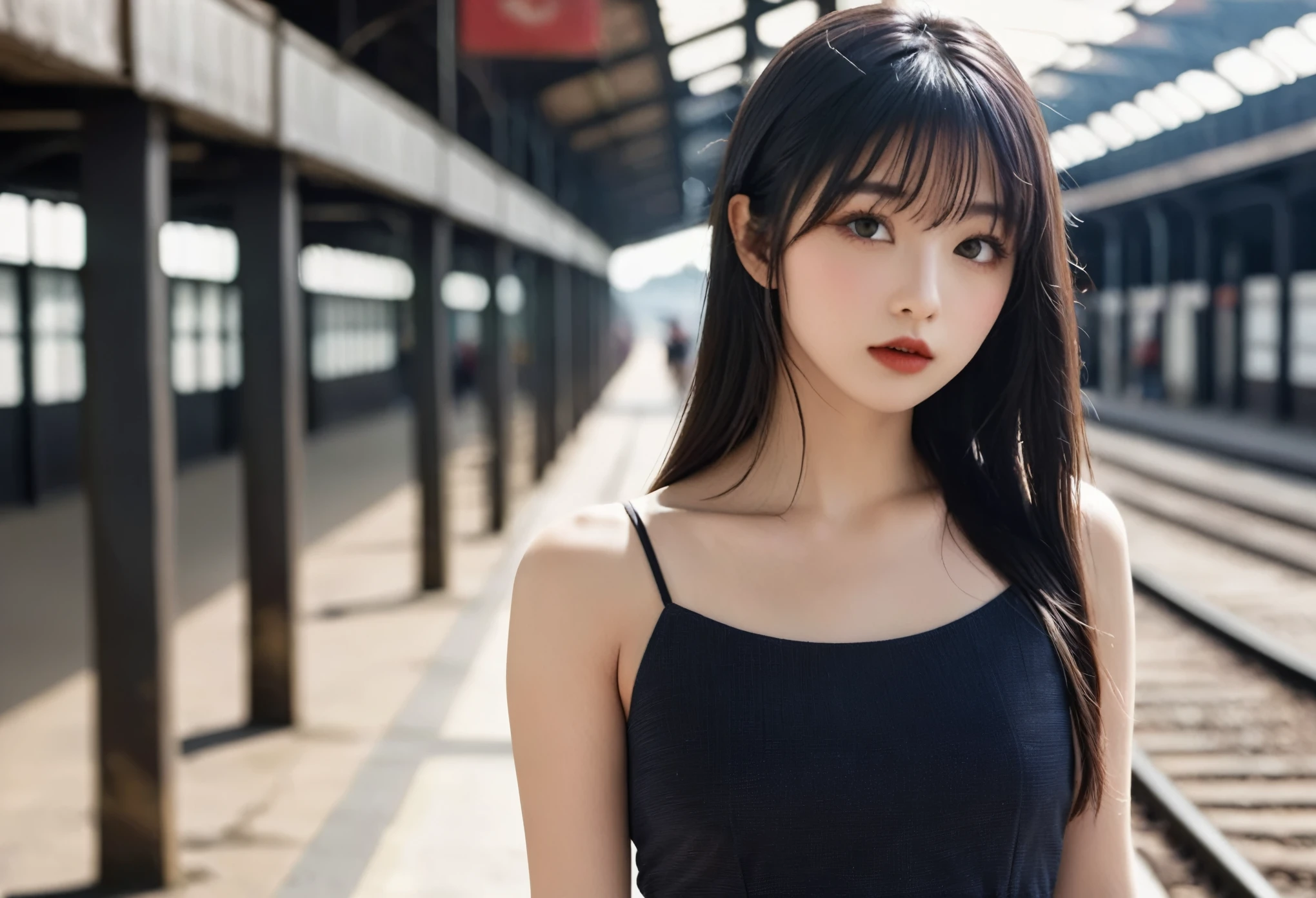 a girl，cute and pretty face，Long straight black hair，Long bangs covering eyes，long eyelashes，(Fine eyes)，small eyes，(half-closed eyes)，(Dark lipstick)，(Dark eyeshadow)，Slim body，Slender limbs，Black spaghetti strap dress，Inside an old railway station，clean focus，shallow Depth of Field，Ultra-detailed faces，very beautiful face，Extremely high texture skin，Look to viewer，(beautiful legs)，seductive，femainine pose，(realistic ，realistic-photo，RAW photo，8K original)，lens flare，film grain，artistic photography，UHD，highres，masterpiece，retina，