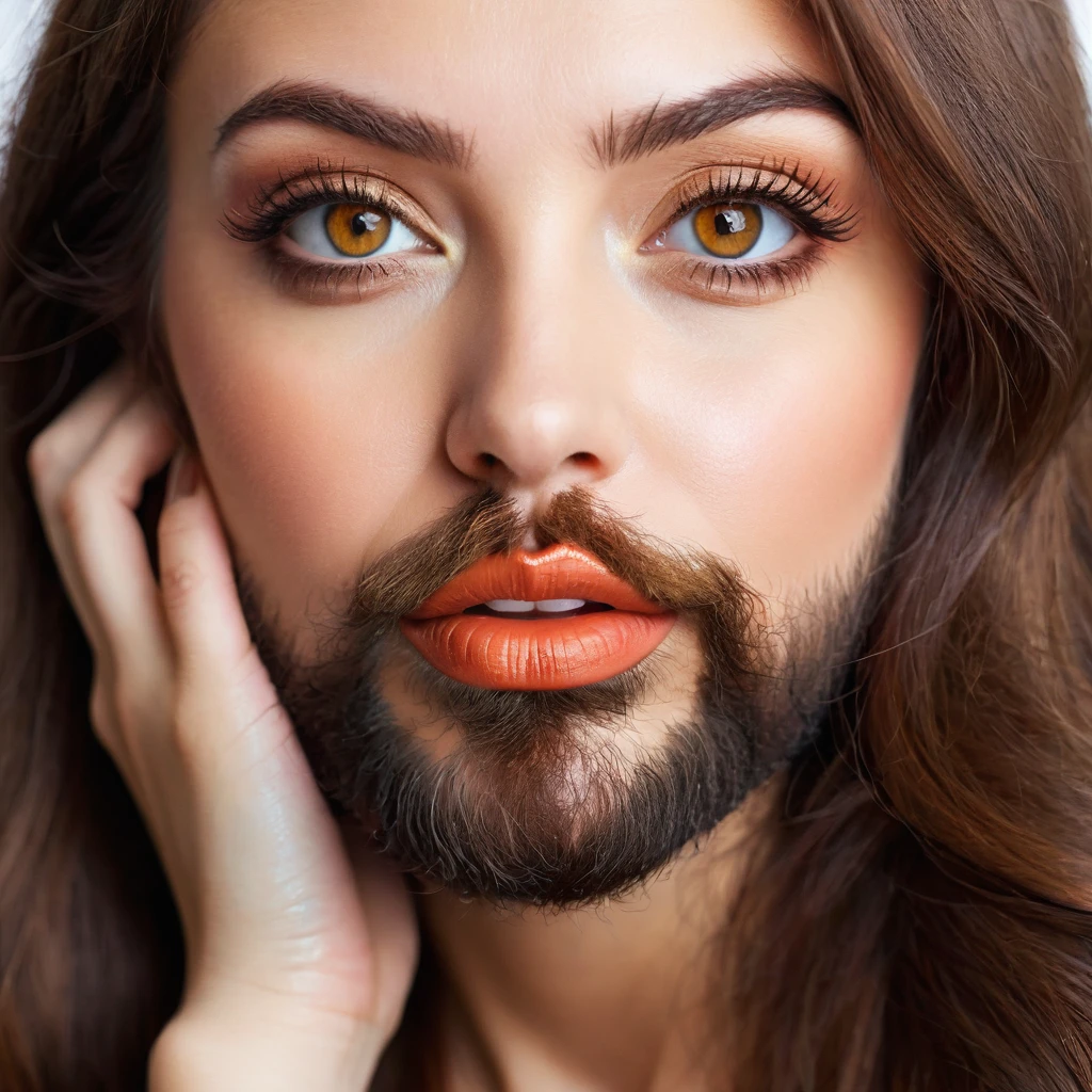 bearded bearded woman, brown hair, amber eyes, kiss grimace