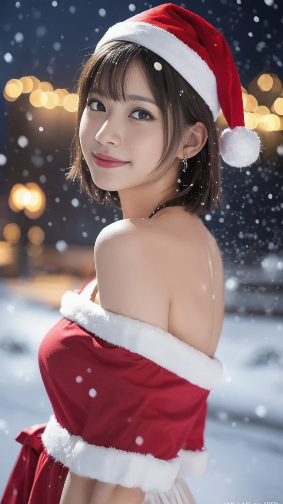 1girl, (santa claus costume slim fit:1.5), symmetry,(Cute ultra young girl:2.0), (slender woman body:1.5), (ultra short hair:1.75), ultra big smile, (Beautiful large round droped detailed eyes:1.5), beautiful detailed lips, (extremely detailed beautiful face, natural makeup, Incredibly beautiful skin:2.0), (best quality,4k,8k,highres,masterpiece:2.0),(ultra-detailed,realistic,photorealistic,photo-realistic:1.75),professional,vivid colors,studio lighting,(snowing night town,christmas eve:1.25)