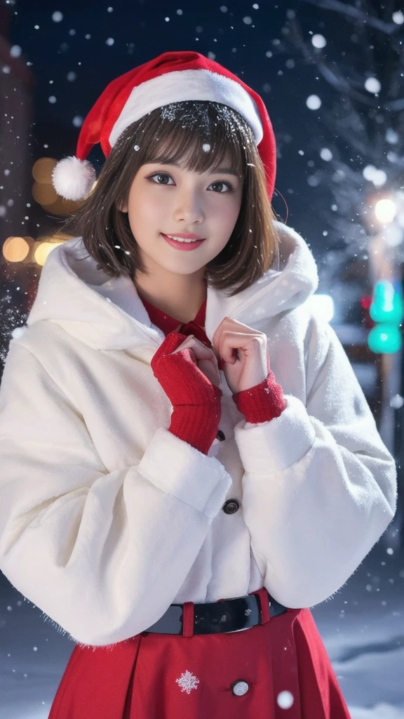 1girl, santa claus costume, symmetry, beautiful cute young girl, slender figure, (ultra short hair:1.5), ultra big smile, (Beautiful large round droped detailed eyes:1.0), beautiful detailed lips, extremely detailed face, natural makeup,Incredibly beautiful skin, (best quality,4k,8k,highres,masterpiece:1.5),(ultra-detailed,realistic,photorealistic,photo-realistic:1.75),professional,vivid colors,studio lighting,snowing night town,christmas eve