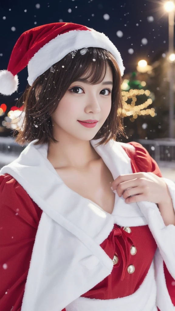 1girl, (santa claus costume slim fit:1.5), symmetry,(beautiful cute ultra young girl:2.0), (slender woman body:1.5), (ultra short hair:1.75), ultra big smile, (Beautiful large round droped detailed eyes:1.25), beautiful detailed lips, (extremely detailed beautiful face, natural makeup, Incredibly beautiful skin:2.0), (best quality,4k,8k,highres,masterpiece:1.75),(ultra-detailed,realistic,photorealistic,photo-realistic:2.0),professional,vivid colors,studio lighting,(snowing night town,christmas eve:1.25)