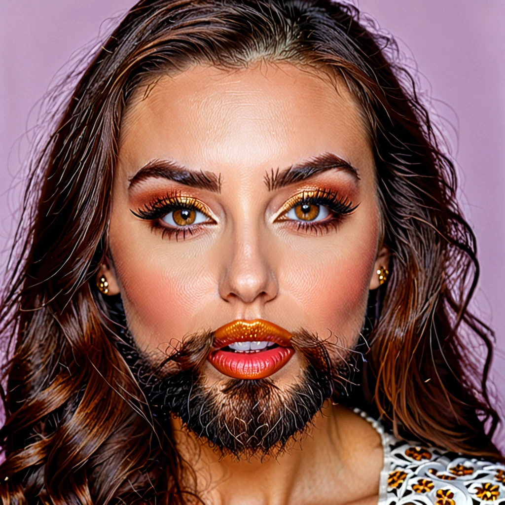 bearded bearded woman, brown hair, amber eyes, kiss grimace