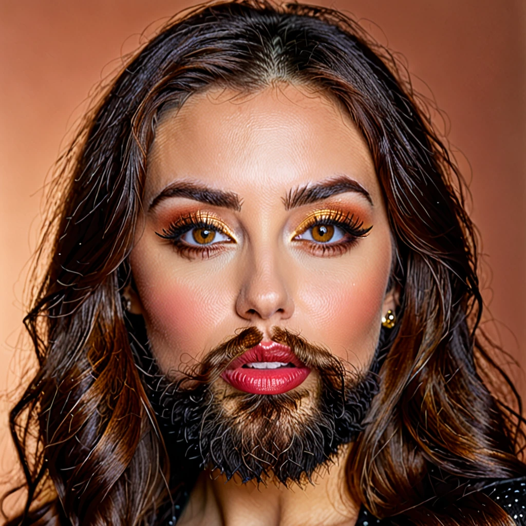bearded bearded woman, brown hair, amber eyes, kiss grimace