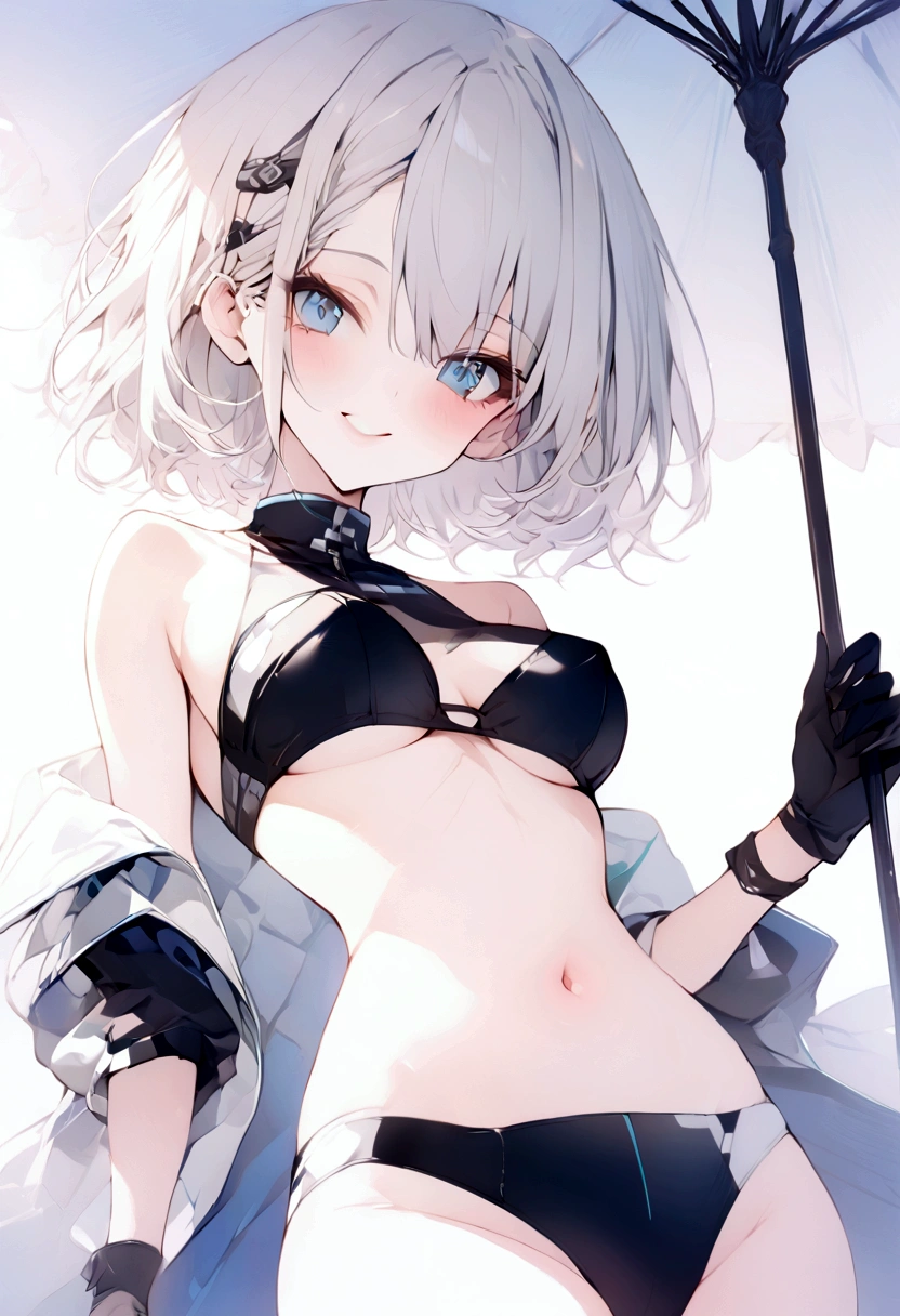 beautiful, masterpiece, Highest quality, anime, One girl, C Cup,Portrait Shot, View your viewers, Intricate details,>,((Covered、Short Hair、nearby、Blue Eyes、art、、White hair,Blue streaked hair、wallpaper、、hairpin、smile、Thighs、navel、Plainer_Race Queen、Plainer_Gloves、Plainer_Knee-high boots、Parasol、work