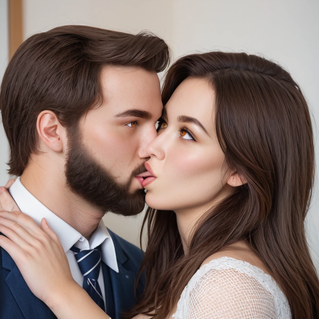 bearded bearded woman, brown hair, amber eyes, kiss grimace