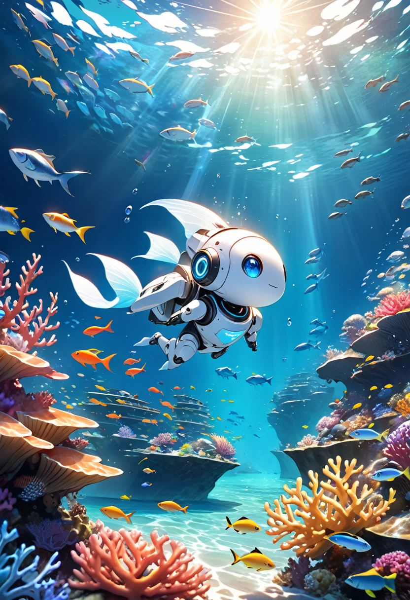Fantasy CG art with a sea theme , a cute white robot Swimming and strolling in the beautiful sea, the robot is Humanoid, small and cute, and emits blue neon light from its body.There are many fish and coral reefs in the sea,Beautiful light of the sun spilling over the water surface.There are no people in the sea、(close up face)、(High quality, high precision images, 4k, 8k,:1.2)ultra detail