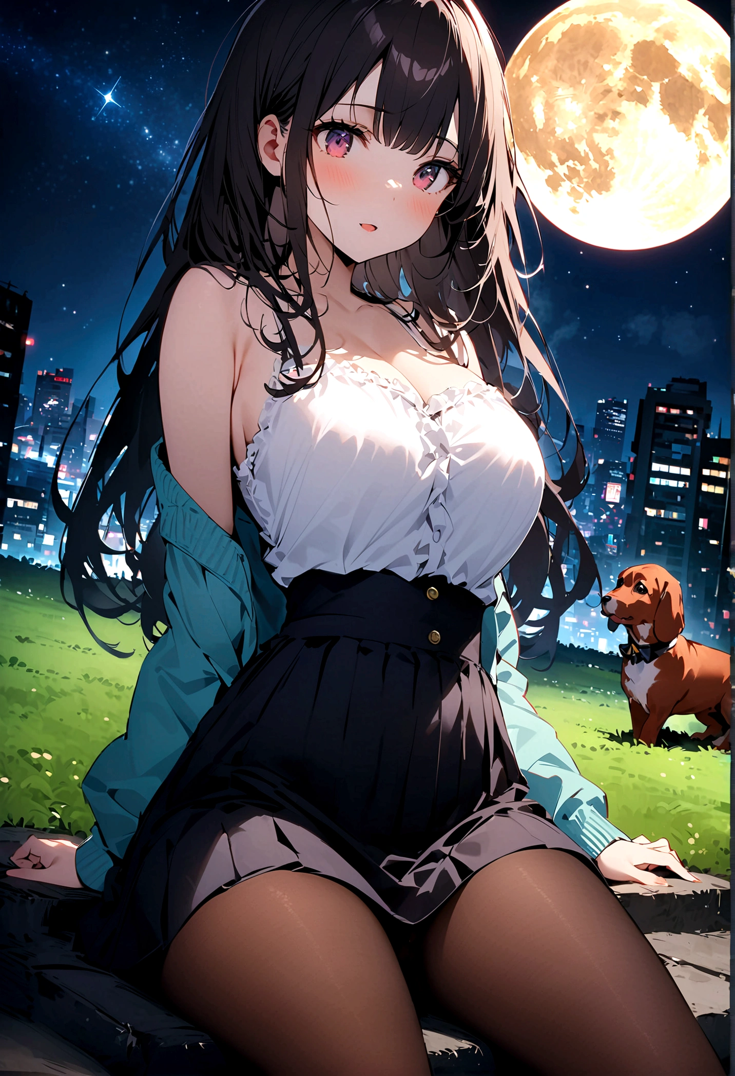 Dog 1、Woman 1、Red miniature dachshund、Red miniature dachshund long hair、dog&#39;color is red、woman with very long black hair、Spectacular views、Night Scene、The view from the top of the hill、Full moon night sky、swirling starry sky、８K、Best Quality、詳しいdogの顔、The woman is facing the opposite direction、The whole body is in the photo、Like the night view of Tokyo、The woman is wearing a miniskirt and her underwear is visible.、The cleavage is visible、thin black pantyhose、Pantyhose５Denier、Women have big breasts、Large areola