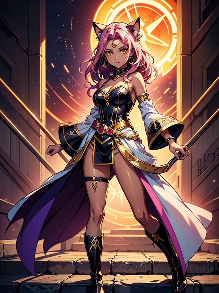 There is lost coliseum there stand female lionessin battle stance, she have ebony colour skin beautiful yellow cat eyes dark gold eyeshadows make up, ring style earrings, her hair is purple with pink highlights . she dressed in white neather topic with golden parts on countures also short and white leather straps on her cat legs instead of boots, her hands have hude ruby claws on her fingers, (ultra high quality fantasy art, anime fantasy style, masterpiece, ultra high quality character design, 8k quality anime art, realistic anime art, top quality wallpaper illustration, detailed ultra high quality accurate face, high quality design and accurate physic)