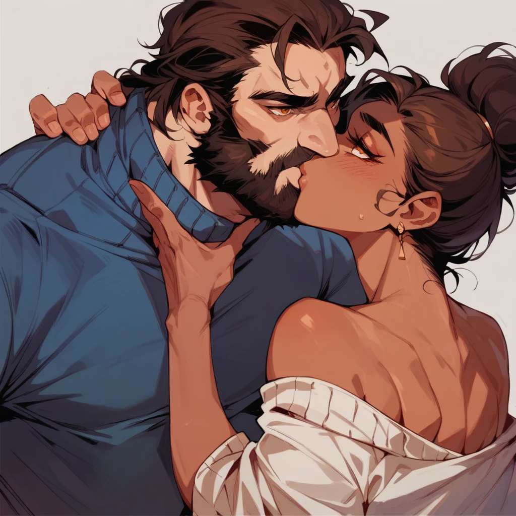 bearded bearded woman, brown hair, amber eyes, kiss grimace