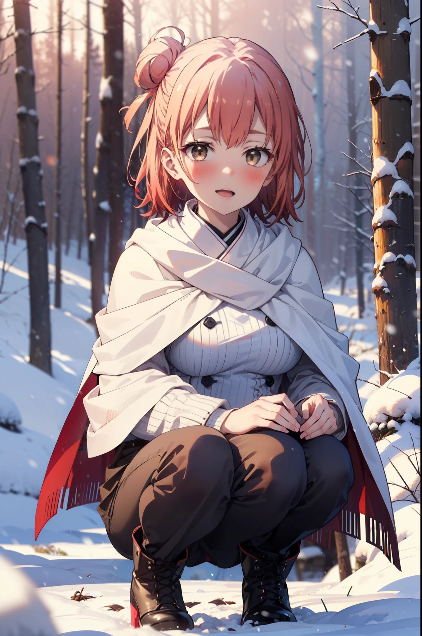 yuiyuigahama, yui yuigahama, short hair, (Brown eyes:1.5), (Pink Hair:1.2), Hair Bun, single Hair Bun, smile, (Big Breasts:1.2),smile,blush,White Breath,
Open your mouth,snow,Ground bonfire, Outdoor, boots, snowing, From the side, wood, suitcase, Cape, Blurred, forest, White handbag, nature, Squat, Mouth closed,Cape, winter, Written boundary depth, Black shoes, red Cape break looking at viewer, Upper Body, whole body, break Outdoor, forest, nature, break (masterpiece:1.2), Highest quality, High resolution, unity 8k wallpaper, (shape:0.8), (Beautiful and beautiful eyes:1.6), Highly detailed face, Perfect lighting, Highly detailed CG, (Perfect hands, Perfect Anatomy),