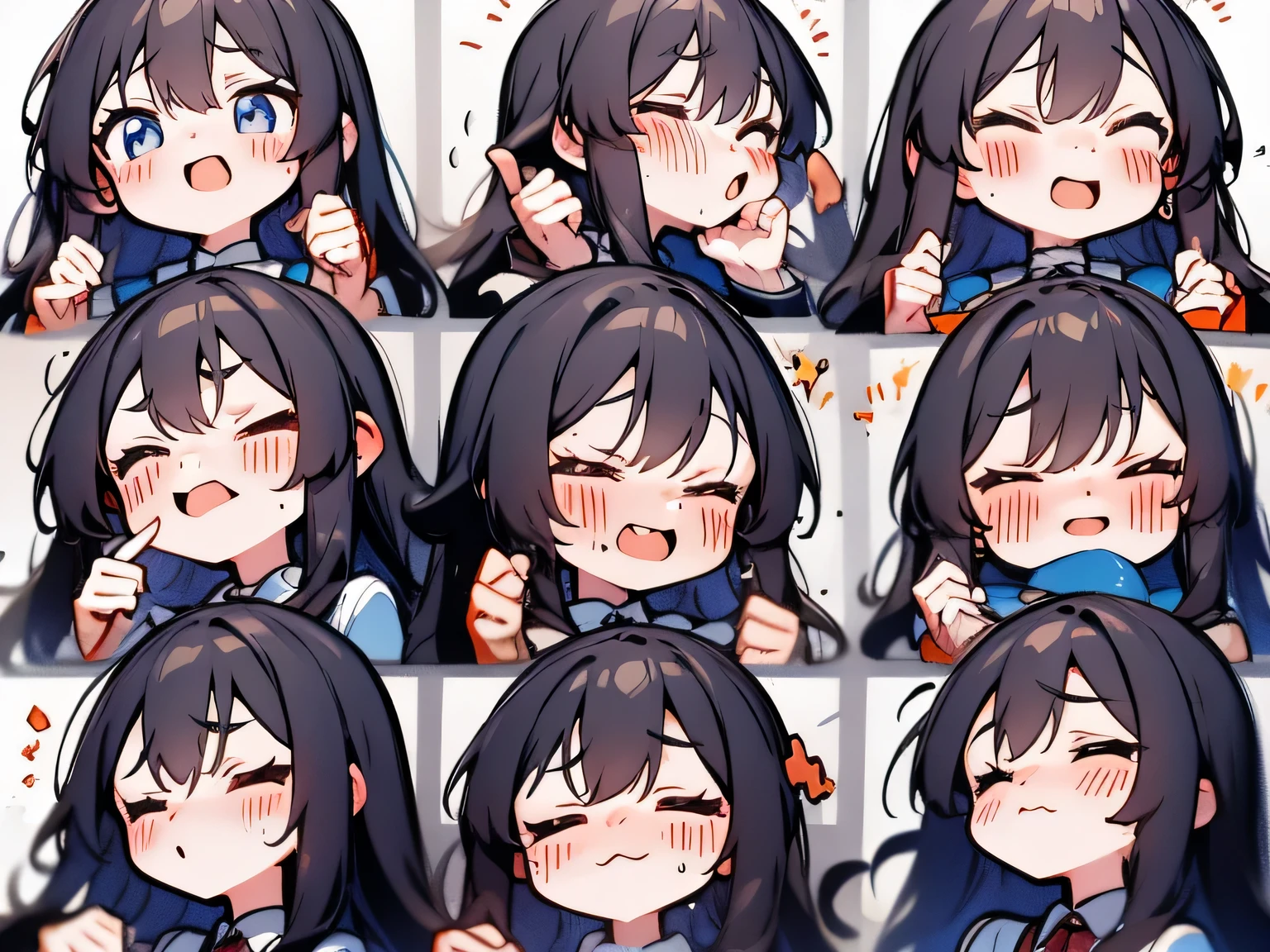 Genshin Impact Walnut,Cute girl expression pack, Nine-grid,(((Crying face, Sad face, Excited face, Poker face,Various emotions,Different expressions))) , (((Detailed girl portrait table, Front diagram, side view, three quarter view))) (((White background)))