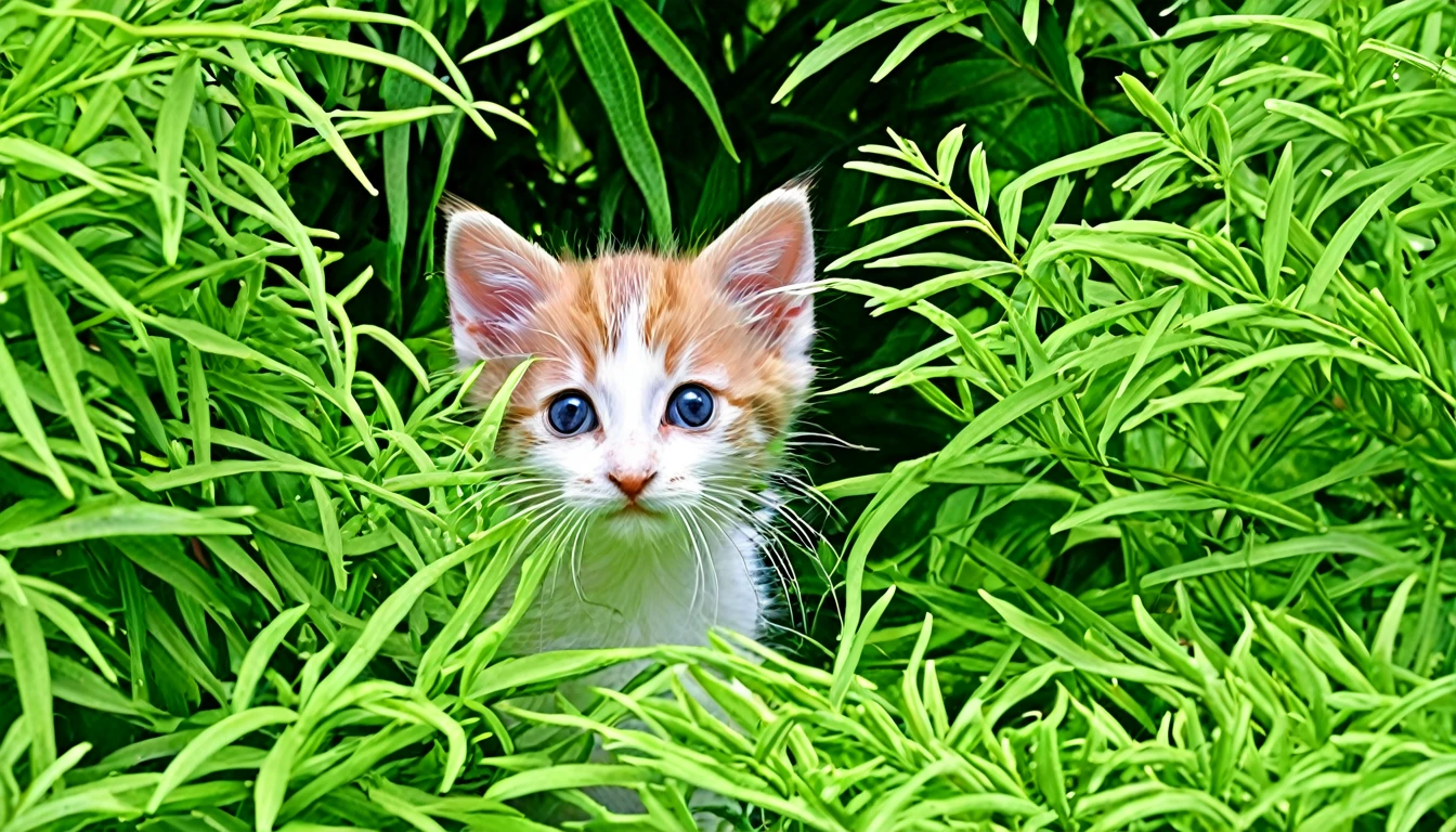 Skinny kitten peeking out from the bushes。The hair is unkempt、There's a hint of anxiety in his eyes。