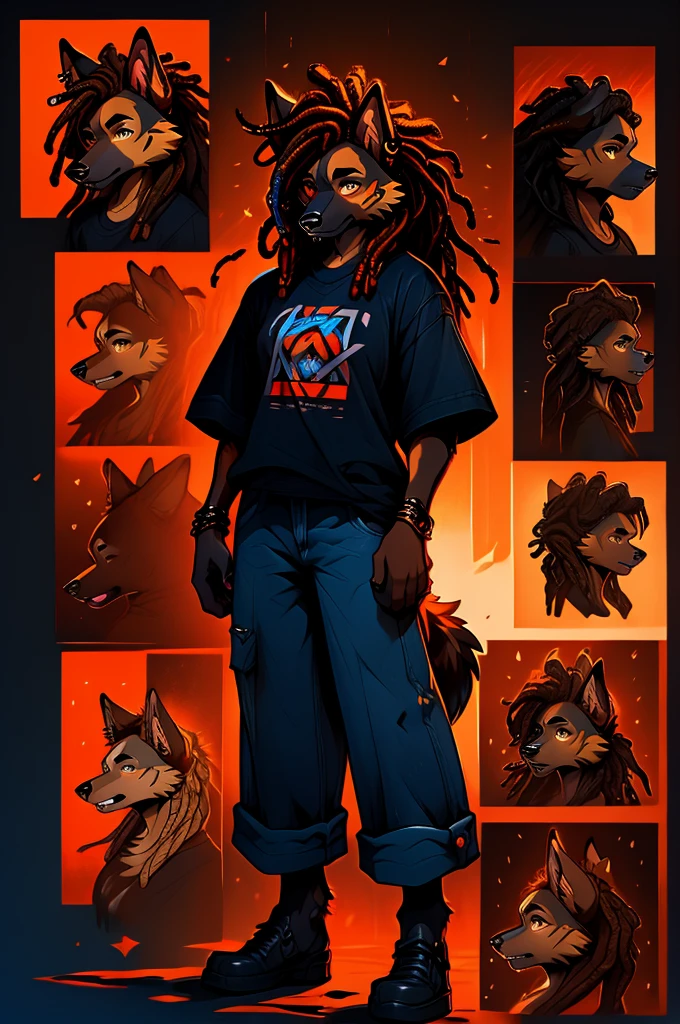 an oc reference sheet for a masculine female german shepherd dog with mullet-like dreadlocks and her dreads over her eyes, piercings, wearing a graphic t-shirt and baggy blue jeans, detailed fur, dramatic lighting, dramatic shadows, vibrant colors, warm color palette, multiple views.