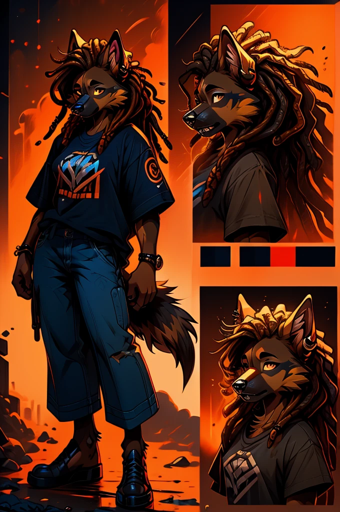 an oc reference sheet for a masculine female german shepherd dog with mullet-like dreadlocks and her dreads over her eyes, piercings, wearing a graphic t-shirt and baggy blue jeans, detailed fur, dramatic lighting, dramatic shadows, vibrant colors, warm color palette, multiple views.