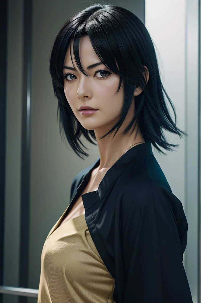 sad face . mouth small lips eyes full of tears white makeup .muscles big buttocks big breasts short black hair white fine silk suit with deep U neckline 2 pieces. at a coffin wake