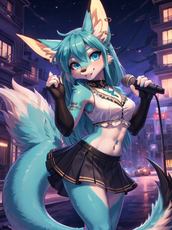 (Masterpiece) (High Detail) (High Res) A humanoid girl with pale skin and blue eyes and long blue hair and blue dog ears and a big fluffy dog tail and average breasts. She is standing on a parade float in the middle of Carnival wearing a rainbow sequin bikini with lots of rainbow flags and rainbow confetti. She has a rainbow headdress on made of rainbow feathers. She looks happy.