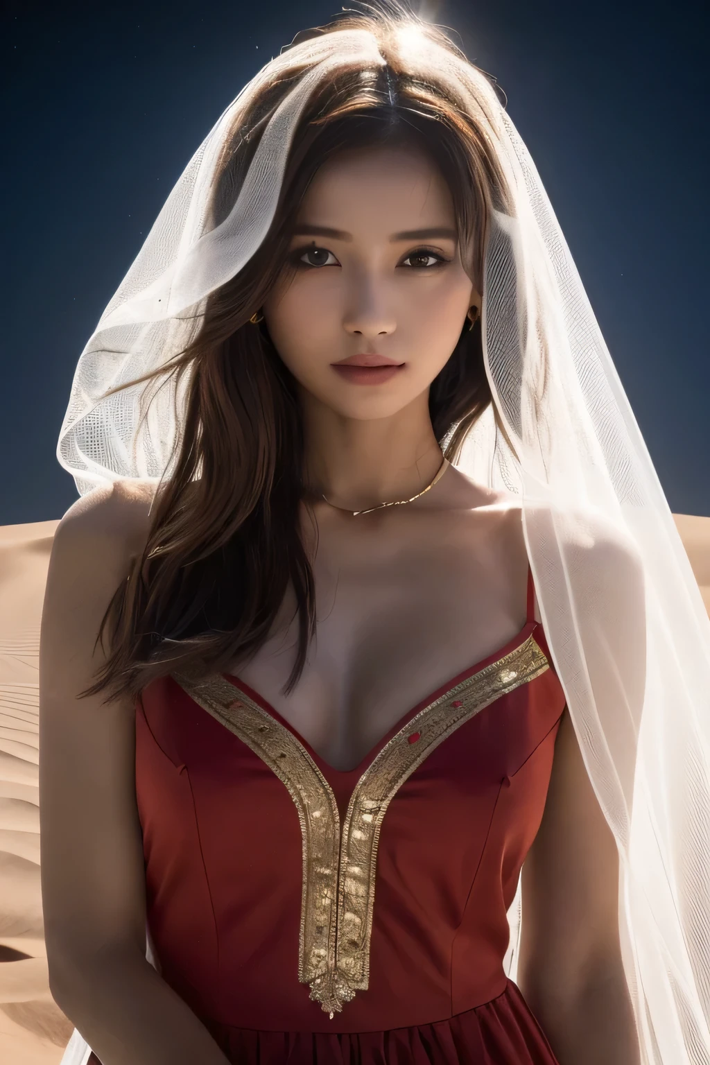 1 Girl, (Wear a bright red Arabian Nights-style costume:1.2), (Veil), Very beautiful Japanese idol portraits, 
(RAW Photos, Highest quality), (Realistic, Realistic:1.4), (masterpiece), 
Very delicate and beautiful, Very detailed, 2k wallpaper, wonderful, finely, Very detailed CG Unity 8K wallpaper, Very detailed, High resolution, Soft Light, 
Beautiful detailed girl, Very detailed目と顔, Beautiful and sophisticated nose, Beautiful and beautiful eyes, Cinema Lighting, 
(Dancing lightly in the Sahara Desert on a moonlit night:1.3), (Big Moon), (Sand Dunes), (Silhouette of a girl&#39;s whole body floating in the moonlight), (whole body), (Transmits light), (Dark screen:1.5), (Hair and outfits fluttering in the wind), 
(Medium Hair), (whole body), 
Complete Anatomy, Slender body, Small breasts