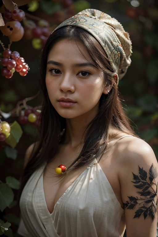 Create a highly detailed, hyper-realistic digital painting of a beautiful Philippine+korea young woman white beautiful cheats,white skin with a rugged, beautiful face, adorned with a lush beard interwoven with autumn leaves and small fruits. The man has a strong, contemplative expression and dark, expressive eyes. His head is wrapped in a colorful turban made of vibrant, textured fabric, decorated with leaves and various fruits, including grapes and oranges. The background is a dark, moody tone that enhances the vivid colors of the fruits and leaves, creating a striking contrast. The overall aesthetic should evoke a sense of nature and abundance, reminiscent of classical paintings with a modern, fantastical twist.
