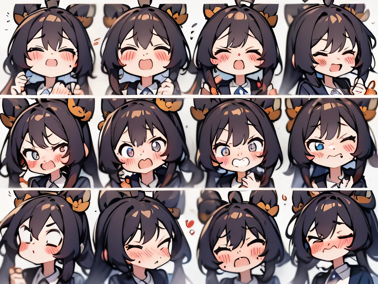 Genshin Impact Walnut,Cute girl expression pack, Nine-grid,(((Crying face, Sad face, Excited face, Poker face,Various emotions,Different expressions))) , (((Detailed girl portrait table, Front diagram, side view, three quarter view))) (((White background)))