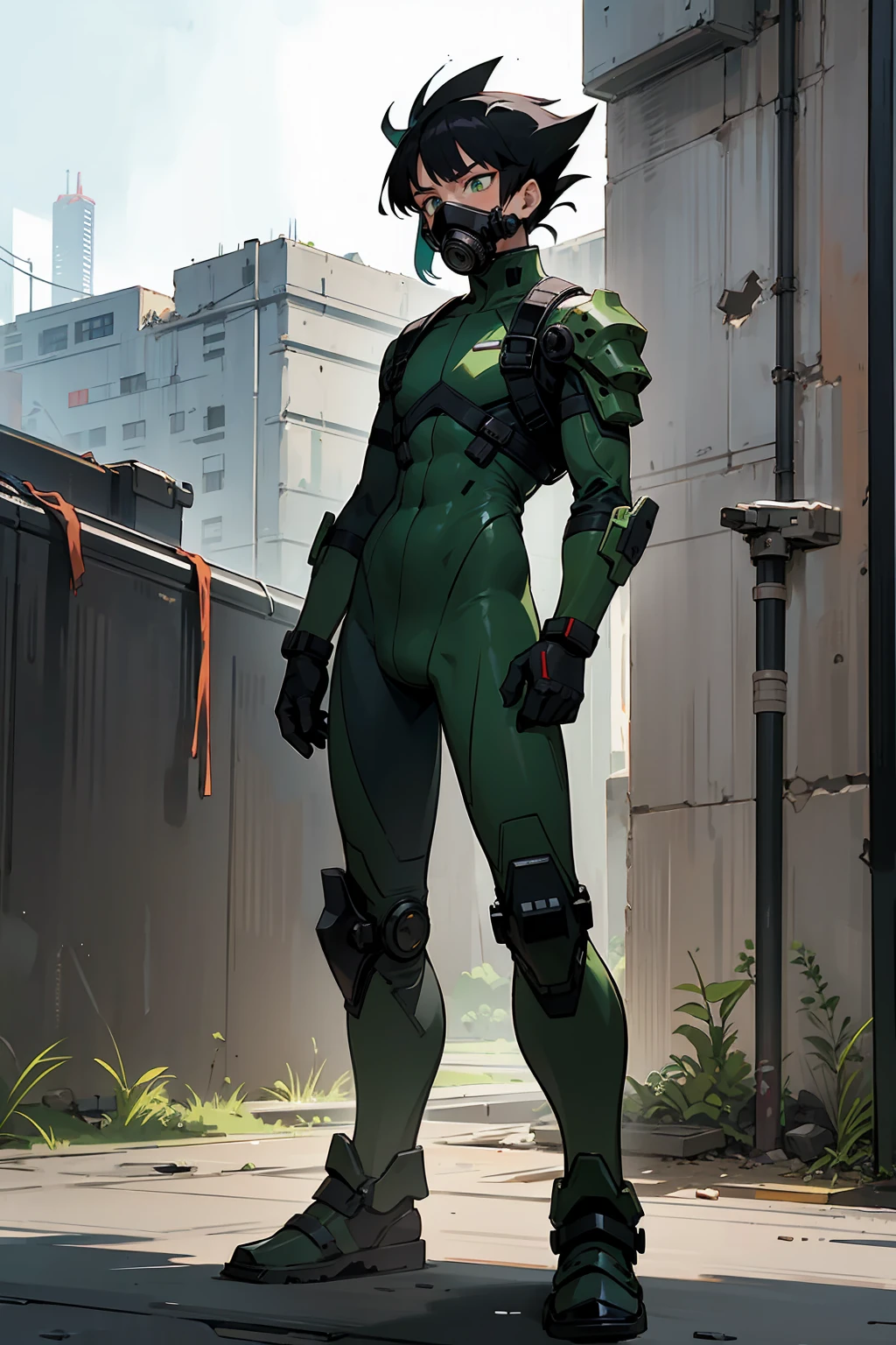 1male , Black Hair , Multicolored Hair , Gon Hair , Green Bodysuit , Military armored combat clothing , Ruined City Background , Standing on sidewalk , Gas Mask , Perfect Generation