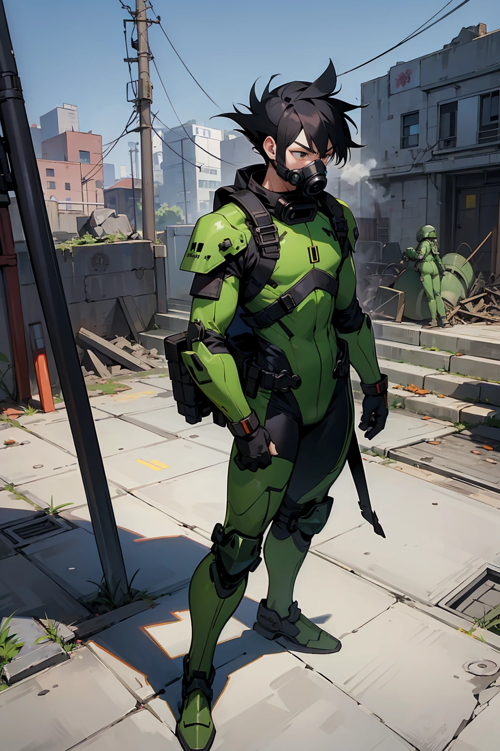 1male , Black Hair , Multicolored Hair , Gon Hair , Green Bodysuit , Military armored combat clothing , Ruined City Background , Standing on sidewalk , Gas Mask , Perfect Generation