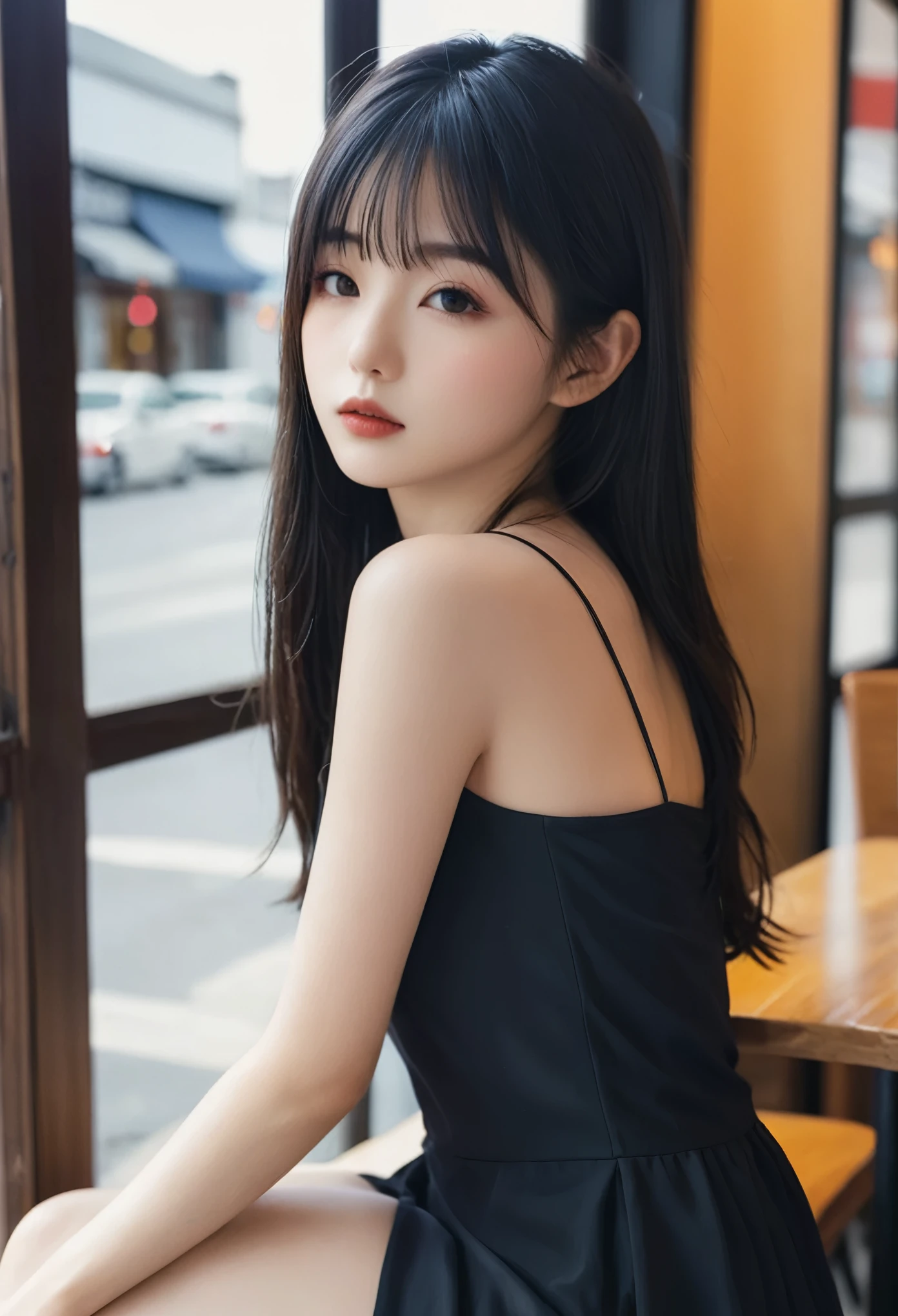 a girl，cute and pretty face，Long straight black hair，Long bangs covering eyes，long eyelashes，(Fine eyes)，small eyes，(half-closed eyes)，(Dark lipstick)，(Dark eyeshadow)，Slim body，Slender limbs，Black spaghetti strap dress，Inside an old coffee shop，clean focus，shallow Depth of Field，Ultra-detailed faces，very beautiful face，Extremely high texture skin，Look into the distance，beautiful legs，seductive，femainine pose，(realistic ，realistic-photo，RAW photo，8K original)，lens flare，film grain，artistic photography，UHD，highres，masterpiece，retina，