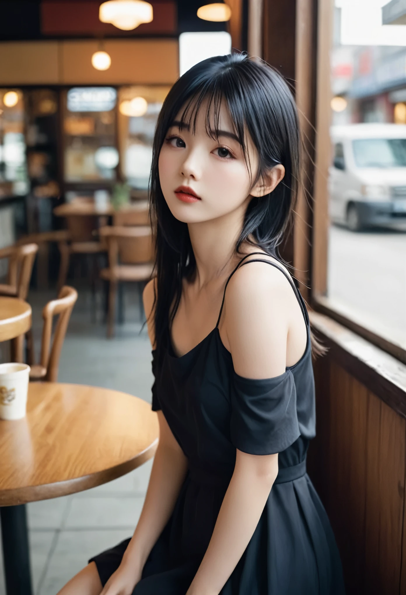 a girl，cute and pretty face，Long straight black hair，Long bangs covering eyes，long eyelashes，(Fine eyes)，small eyes，(half-closed eyes)，(Dark lipstick)，(Dark eyeshadow)，Slim body，Slender limbs，Black spaghetti strap dress，Inside an old coffee shop，clean focus，shallow Depth of Field，Ultra-detailed faces，very beautiful face，Extremely high texture skin，Look into the distance，beautiful legs，seductive，femainine pose，(realistic ，realistic-photo，RAW photo，8K original)，lens flare，film grain，artistic photography，UHD，highres，masterpiece，retina，