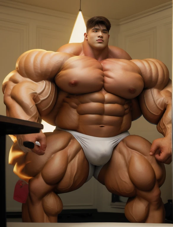 1boy, giant, bodybuilding pose, illuminating light, strong body, bulk, large size, staring, at the photo studio room, nude, white triangular underwear, prominent bulge, big, brutalmass, giant, muscular body, bulk, buff, massive body, large meaty body size