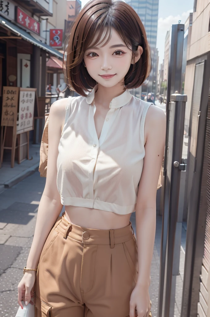 photo realistic, photo realistic, 1woman, idol, short hair, bob cut, brown hair, building rooftop, yakiniku, barbecue, feminine casual, sleeveless blouse, ivory cargo pants look, look here, smile