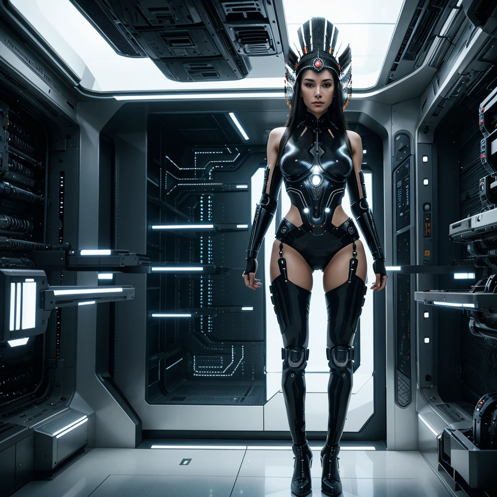 woman in headdress, stands sideways, full length, seductive, very detailed visual portrait, symmetry! futuristic робототехник, nice, on a spaceship, extremely detailed shot of the goddess, beautiful cyborg girl, Jason Angle, keyframe, anthropomorphic _ Humanoid, futuristic, realistic and high quality 