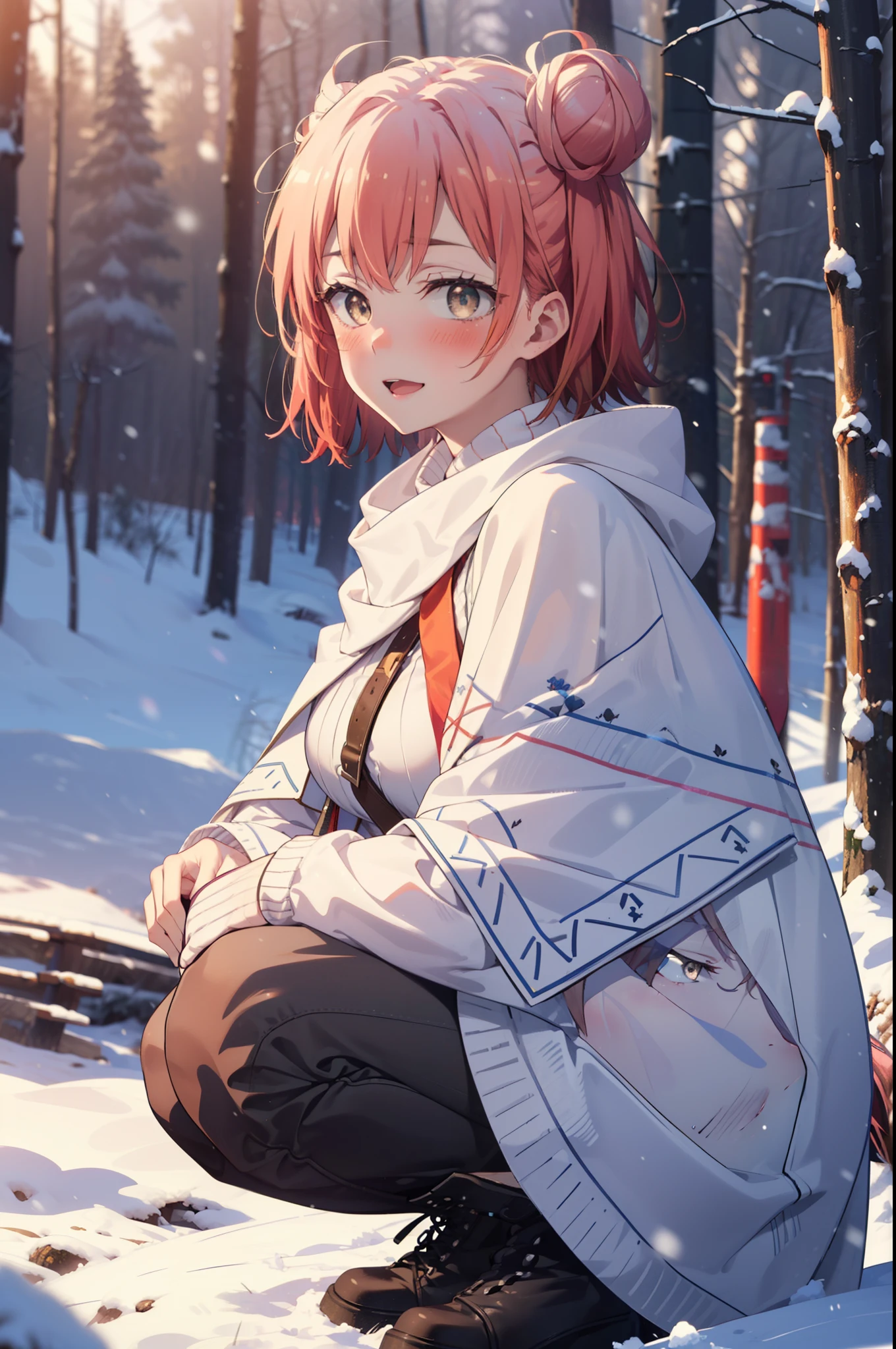 yuiyuigahama, yui yuigahama, short hair, (Brown eyes:1.5), (Pink Hair:1.2), Hair Bun, single Hair Bun, smile, (Big Breasts:1.2),smile,blush,White Breath,
Open your mouth,snow,Ground bonfire, Outdoor, boots, snowing, From the side, wood, suitcase, Cape, Blurred, forest, White handbag, nature, Squat, Mouth closed,Cape, winter, Written boundary depth, Black shoes, red Cape break looking at viewer, Upper Body, whole body, break Outdoor, forest, nature, break (masterpiece:1.2), Highest quality, High resolution, unity 8k wallpaper, (shape:0.8), (Beautiful and beautiful eyes:1.6), Highly detailed face, Perfect lighting, Highly detailed CG, (Perfect hands, Perfect Anatomy),