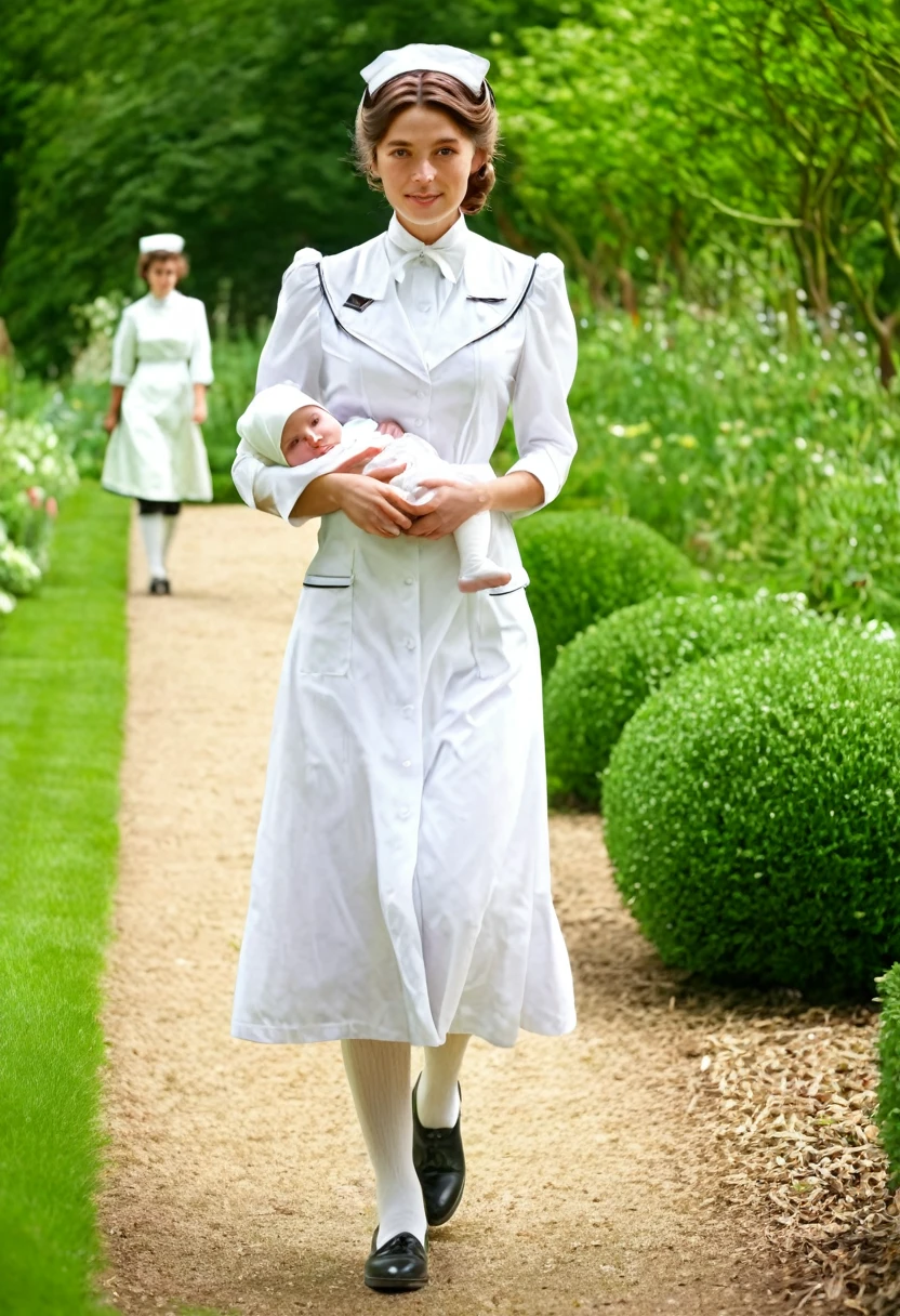 1woman, young woman, nurse from edwardian era, brown hair, edwardian era hairstyle, brown eyes, freckles, white headscarf, ((eswardian era nurse uniform)), walking, green garden, holding baby, (((realistic)))