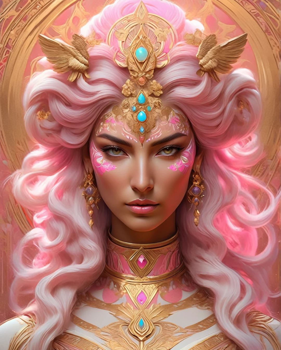 snthwve style nvinkpunk (symmetry:1.1) (portrait of floral:1.05) a woman as a beautiful goddess, (assassins creed style:0.8), pink and gold and opal color scheme, beautiful intricate filegrid facepaint, intricate, elegant, highly detailed, digital painting, artstation, concept art, smooth, sharp focus, illustration, art by greg rutkowski and alphonse mucha, 8k、..... (best quality,4k,8k,highres,masterpiece:1.2),ultra-detailed,(realistic,photorealistic,photo-realistic:1.37),alternative reality,telepathic,psychic powers,mind reading,third eye,mind bending,intense gazing,parallel universe,Yoshitaka Amano style,dreamlike,fantasy,vivid colors,soft lighting