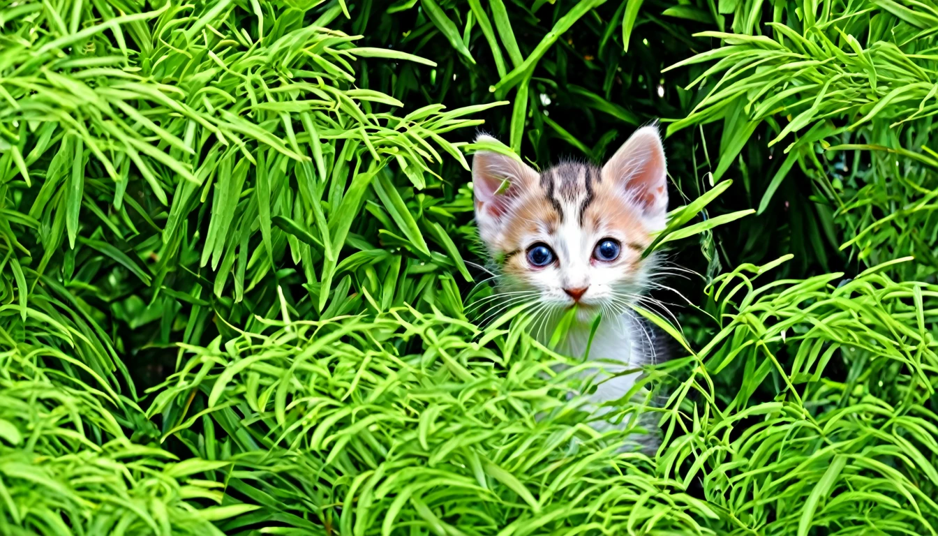 Skinny kitten peeking out from the bushes。The hair is unkempt、There's a hint of anxiety in his eyes。