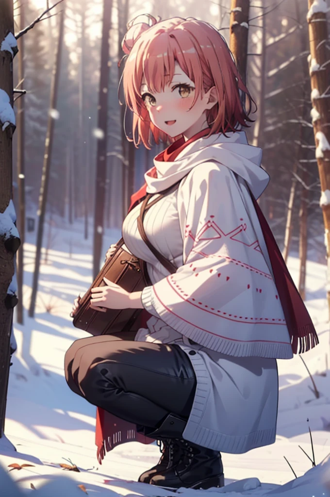 yuiyuigahama, yui yuigahama, short hair, (Brown eyes:1.5), (Pink Hair:1.2), Hair Bun, single Hair Bun, smile, (Big Breasts:1.2),smile,blush,White Breath,
Open your mouth,snow,Ground bonfire, Outdoor, boots, snowing, From the side, wood, suitcase, Cape, Blurred, forest, White handbag, nature,  Squat, Mouth closed,Cape, winter, Written boundary depth, Black shoes, red Cape break looking at viewer, Upper Body, whole body, break Outdoor, forest, nature, break (masterpiece:1.2), Highest quality, High resolution, unity 8k wallpaper, (shape:0.8), (Beautiful and beautiful eyes:1.6), Highly detailed face, Perfect lighting, Highly detailed CG, (Perfect hands, Perfect Anatomy),