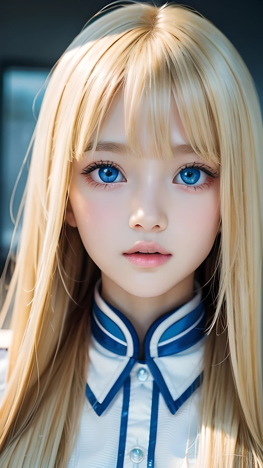 Beautiful blonde cute girl 、Sexy and very beautiful cute face、Big, bright blue eyes that sparkle beautifully、Very long, dazzling, beautiful, blonde, silky, shiny hair、Super long straight silky hair、Bangs between the eyes、Bangs that hang down in the face、uniform、Small Face Beauty、Glowing Skin、Cheek highlighter、White skin、Radiant Skin、Round face
