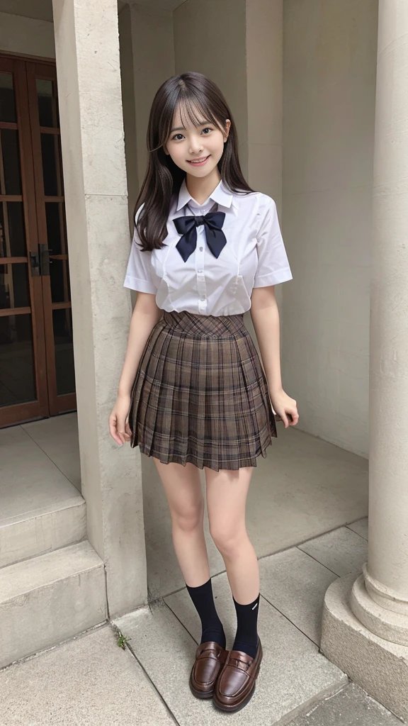 (A slim girl with in a high school uniform:1.3、Long Shot:1.5、Brown Loafers:1.5、Stand witour feet shoulder-width apart:1.5、Facing forward:1.5)、(Looking at me with a cute face and smiling: 1.5)、(No background:1.3)、(Anatomically correct:1.3)、(Complete Hand:1.3)、(Full Finger:1.3)、Photorealistic、Raw photo、Highest quality、High Resolution、Delicate and beautiful、Perfect Face、Beautiful fine details、Fair skin、Real human skin、pores、((Thin legs))、(Black Hair)