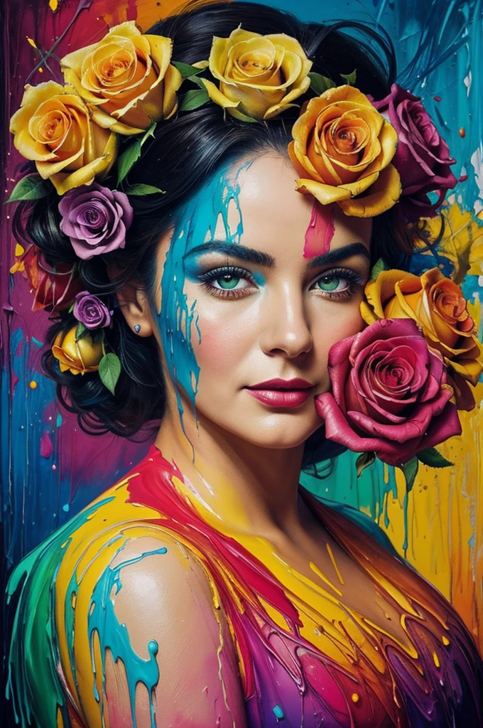 Beautiful old girl with a bouquet of roses  in her hands.! The magic of creating masterpieces of portrait art ! All paint colors, poured onto canvas, magically move and mix., turning into a stunningly beautiful portrait ! thick . bright and contrasting colors are simply amazing . our imagination is the creation of a masterpiece in the style of Alberto Seveso !