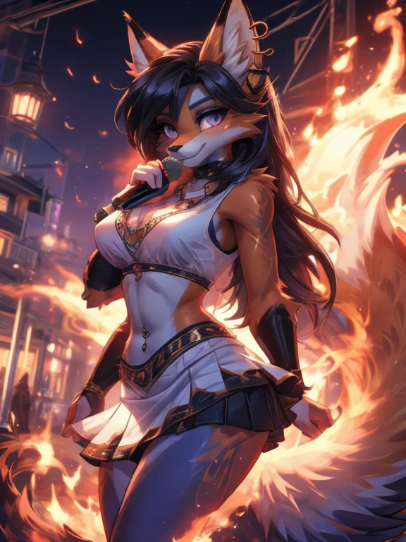 Chica anime,tennage girl 18 years old, anime style, foxy girl, blue body, anthropomorphic shy girl , Orejas de Kitsune, arte de dark natasha, city landscape, arte de vixen aztra, cuerpo completo, patas hermosas, cintura delgada, caderas amplias, navel white blouse, white&pink skirt, navel piercing, ear piercing, navel tattoo, atrevid pose, back pose, fluffly tail, sensual eyes (la mejor definicion) long hair, black flash, city party, city night life, party girl, idol girl, girl with microphone singing, deep purple eyes (HD), white&pink dress, super mega star idol, aura pura, silueta de luz, silueta radiante de luz dorada, su cuerpo brilla, best lighting in photography, mermaid mini skirt, lovely girl, sending kiss, heartlove, girl on fire