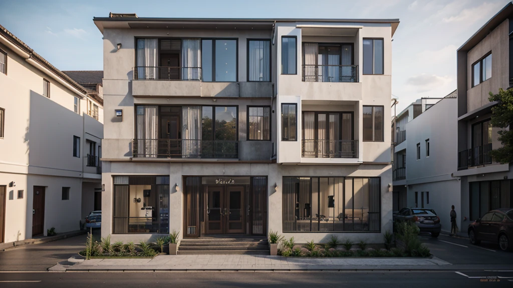 a rendering of a two story building with a staircase leading to the second floor, building facing, realistic building, perspective view, an extremely detailed building, architectural concept, office building, rendered 3d model, single building, full building, 3d rendering, 3 d rendering, perspective view, multistory building, orthographic 3d rendering, realistic concept, white mix black color, ISO 1600, dark color