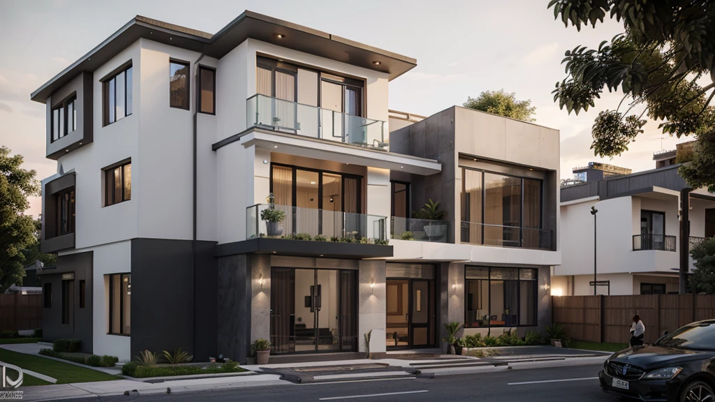 a rendering of a two story building with a staircase leading to the second floor, building facing, realistic building, perspective view, an extremely detailed building, architectural concept, office building, rendered 3d model, single building, full building, 3d rendering, 3 d rendering, perspective view, multistory building, orthographic 3d rendering, realistic concept, white mix black color, ISO 1600, dark color