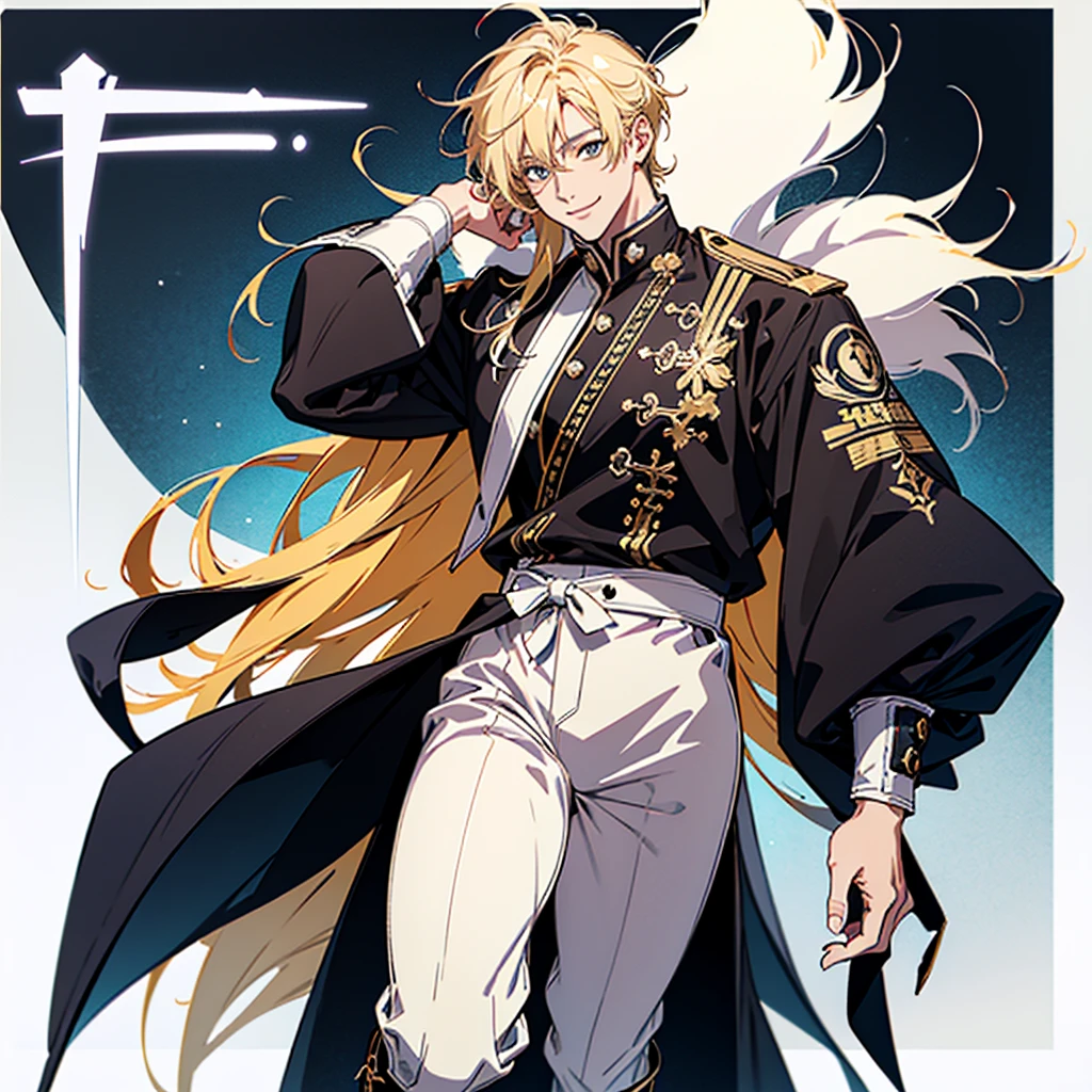 A full-body illustration of a handsome man looking at you and smiling。boots,visual kei,onii kei、Delicate Drawing、Blonde、acrylic、Thick Coating、Color Sketch、in the style of bold line,White background。A suitable background --s 70