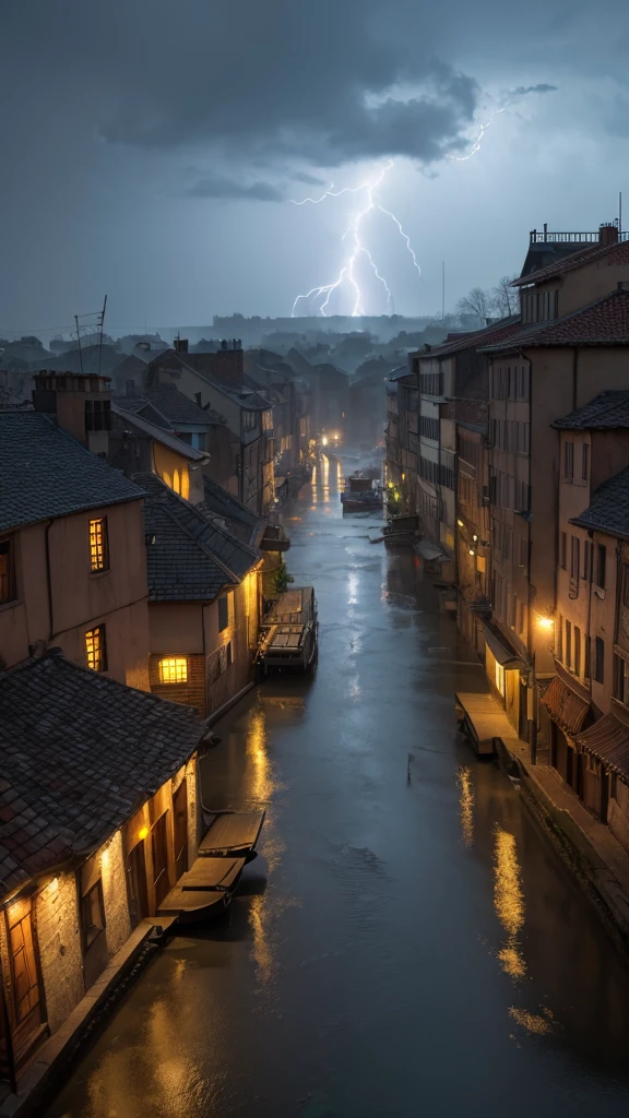 (Late Afternoon):0.9, (Dense atmosphere):0.8, (It's cold):0.7, (city):1.2, (Medieval):1.1, (storm):1.4, (lightning):1.3, (rain):1.2, (霧rain):1.2, (Detail 8k):1.5.