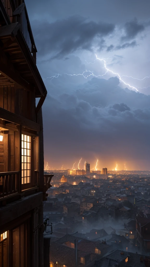 (Late Afternoon):0.9, (Dense atmosphere):0.8, (It's cold):0.7, (city):1.2, (Medieval):1.1, (storm):1.4, (lightning):1.3, (rain):1.2, (霧rain):1.2, (Detail 8k):1.5.