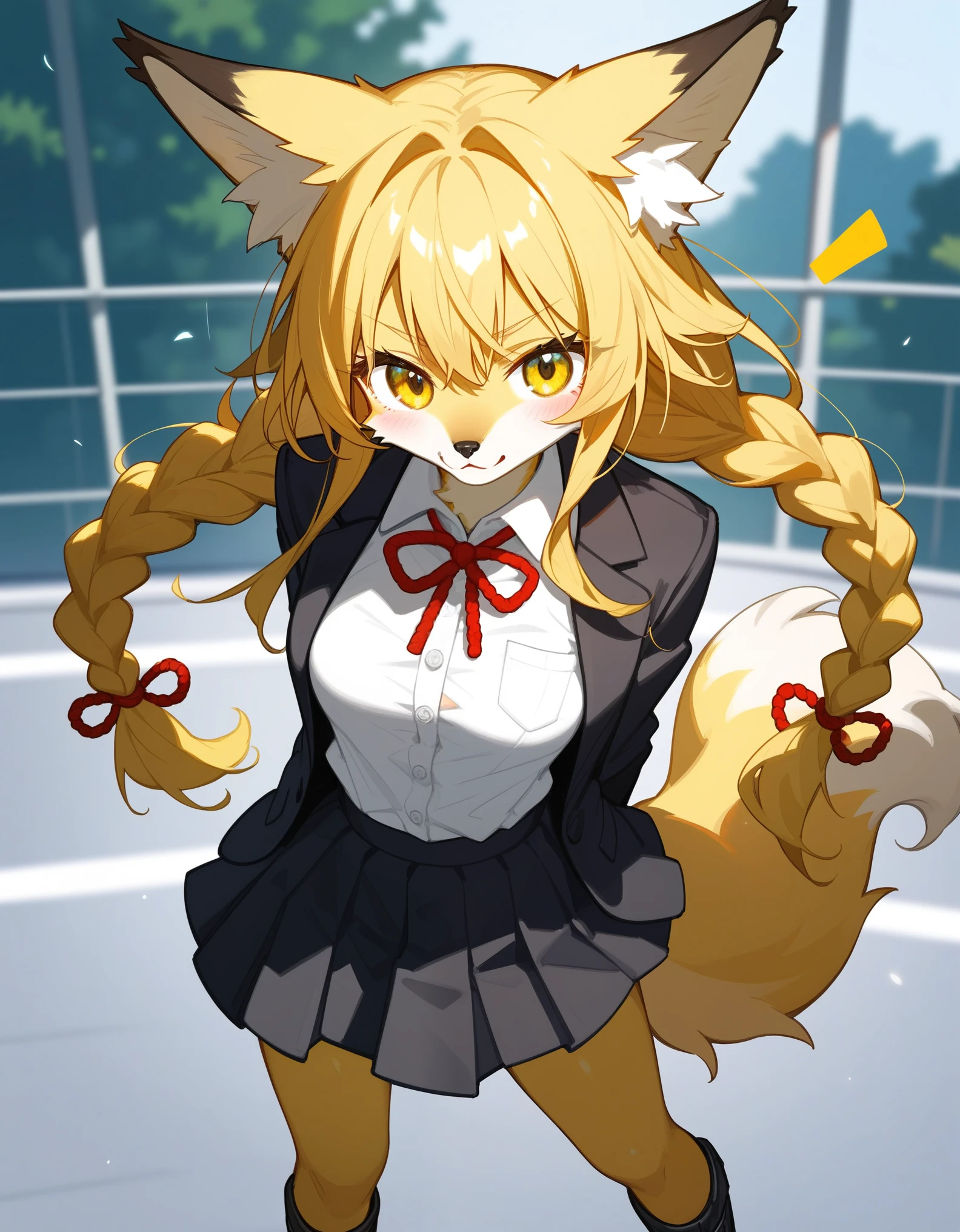 , score_9,score_8_up,score_7_up, An anthro furry fox girl, yellow furry fox girl, yellow eyes, yellow fox ears, blonde hair, long braided hair, snout, black nose, wearing black blazer, white button up shirt. Black skirt, black combat boots, hands behind her back, coy pose, on a school campus,