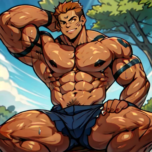 Youthful feeling,( Tattoo),(Thick body hair),Upper body,(He was wearing baggy shorts,Revealing his length, muscular, hairy),(Leaning against a tree),(For the audience) ,(Put his hands on his waist), (Focus on your audience) ,(There is a huge bulge in the area),sideways,Sharp eyes,(Thick dark brown hair),(Bottom-up view),Broad shoulders,Muscles protrude a lot,Highest image quality,cartoon ,Anime Wallpaper,Chest muscle expansion,spread your legs,Sexy,(main part, best quality),((Exaggerated muscle bulge)),The protagonist is tall,muscular and bulky, muscular characters, Awesome and cool, tall and muscular, muscular!!, Very strong, muscular attractive men, Huge muscles, Big Muscle, Muscle Man, Anime handsome man, muscular!, Giant muscles, muscular bodies,(canto da foto de baixo para cima) (imagem da mais alta qualidade) ,Close-up photos,Lion man ,real, jovem, , vestindo shorts, virilha saliente, imagem de anime, Leaning against a tree, pernas bem abertas, male face, bonito rosto jovem, cabelo subcortado, huge muscle muscles of the chest, large strong thigh muscles, Biceps Sinewy muscles, Corpo enorme, corpo tonificado devido ao treinamento intenso, Well-developed muscles, ABS transparente de 8 embalagens, 3 metros de altura, topless, , pele brilhante, rede de suor pingando, (hands on thighs), bare feet, Sem barba,Thick Legs,