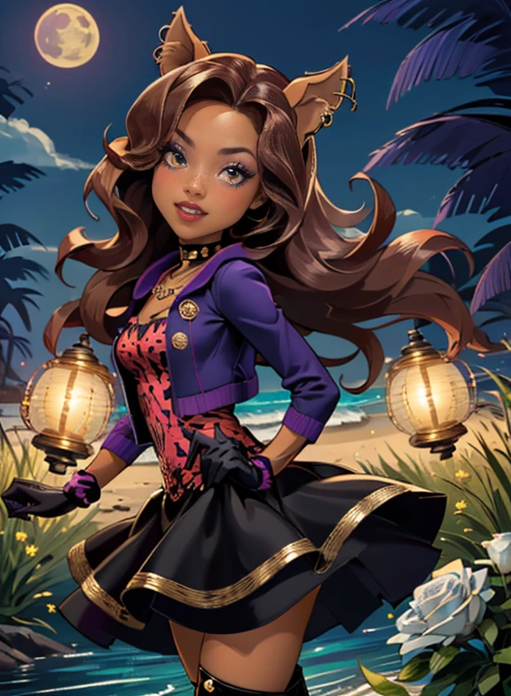 ((high quality)), ((Work of art)), (more detail), 1girl, wolf ears, centered, jewelry, a girl with a wolf ears, award winning upper body portrait, cowboy shot, Clawdeen_MH, solo, brown hair, purple hair, multicolored hair, long hair, wave hair, flowing hair, black shirt, black skirt, purple knee boots, smiling, gothic style, beach scenery, gold lanterns, white roses, depth of field, cinematic composition, wave hair, seat on the sand, a moon on sky, smile, wolf fangs, gothic dress, fangs, black dress, black dress with transparency, purple laces, black gloves, black high socks, purple high hills boots, jewelry, grass, night, moon on focus, Clawdeen_(monster high), Monster High, looking at the viewer, more details on the clothes,