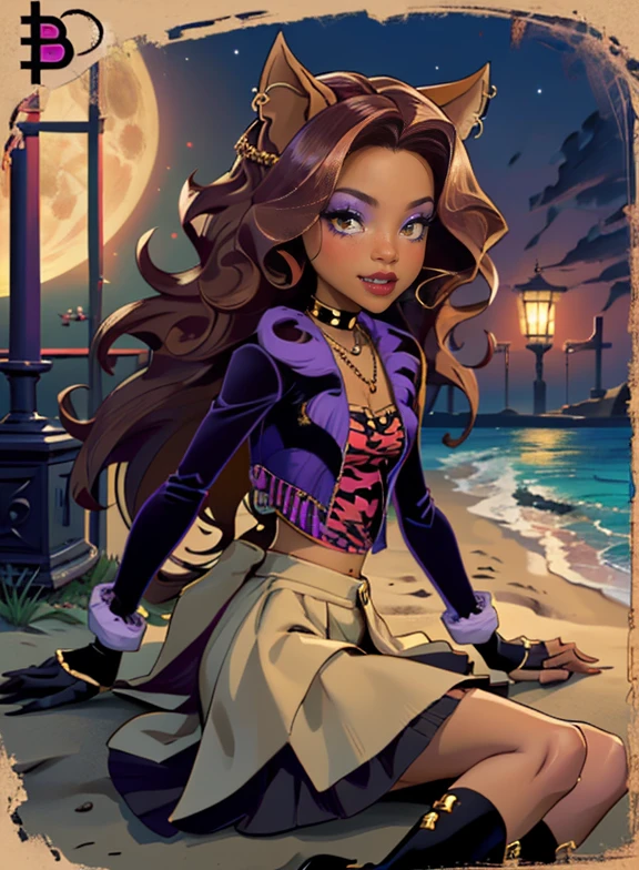 ((high quality)), ((Work of art)), (more detail), 1girl, wolf ears, centered, jewelry, a girl with a wolf ears, award winning upper body portrait, cowboy shot, Clawdeen_MH, solo, brown hair, purple hair, multicolored hair, long hair, wave hair, flowing hair, black shirt, black skirt, purple knee boots, smiling, gothic style, beach scenery, gold lanterns, white roses, depth of field, cinematic composition, wave hair, seat on the sand, a moon on sky, smile, wolf fangs, gothic dress, fangs, black dress, black dress with transparency, purple laces, black gloves, black high socks, purple high hills boots, jewelry, grass, night, moon on focus, Clawdeen_(monster high), Monster High, looking at the viewer, more details on the clothes,